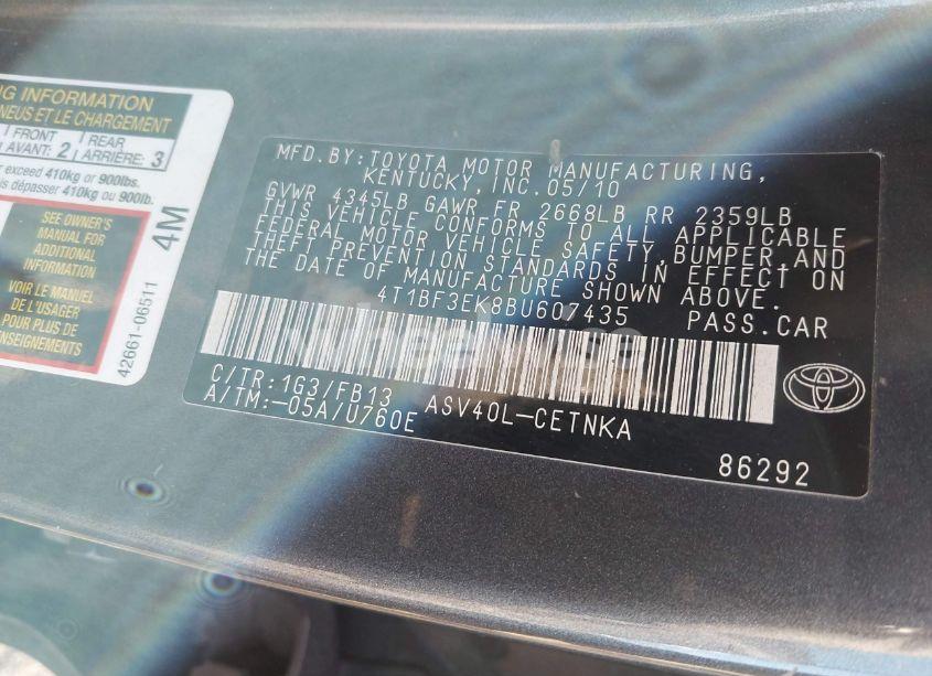Photo 9 of 2011 Toyota Camry SE/LE/XLE (VIN 4T1BF3EK8BU607435)