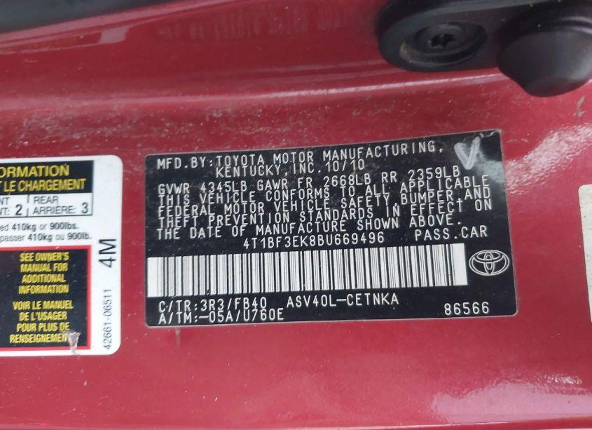 Photo 9 of 2011 Toyota Camry LE (VIN 4T1BF3EK8BU669496)