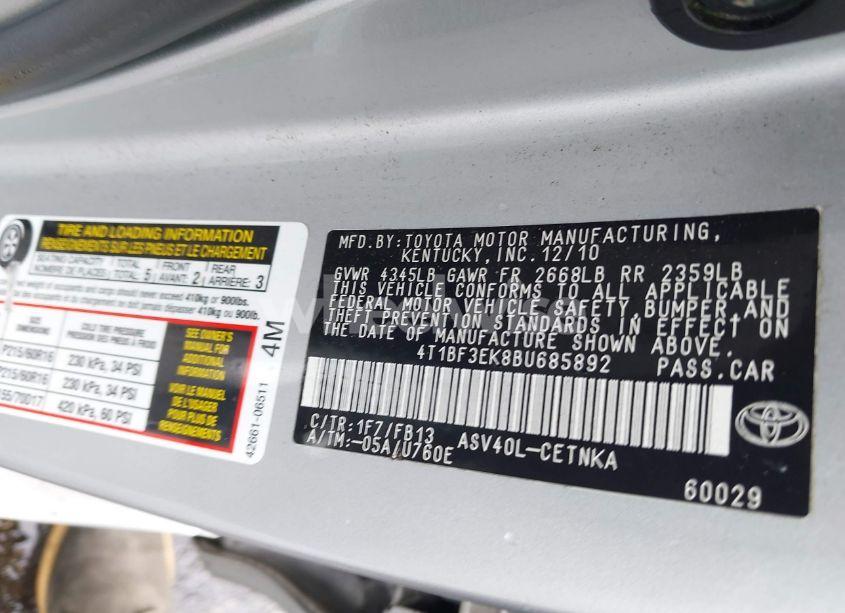 Photo 9 of 2011 Toyota Camry LE (VIN 4T1BF3EK8BU685892)
