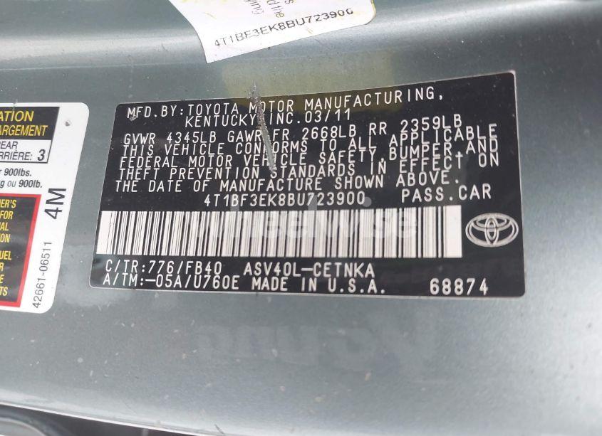Photo 9 of 2011 Toyota Camry LE (VIN 4T1BF3EK8BU723900)