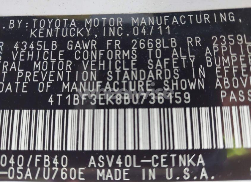 Photo 9 of 2011 Toyota Camry LE (VIN 4T1BF3EK8BU736159)