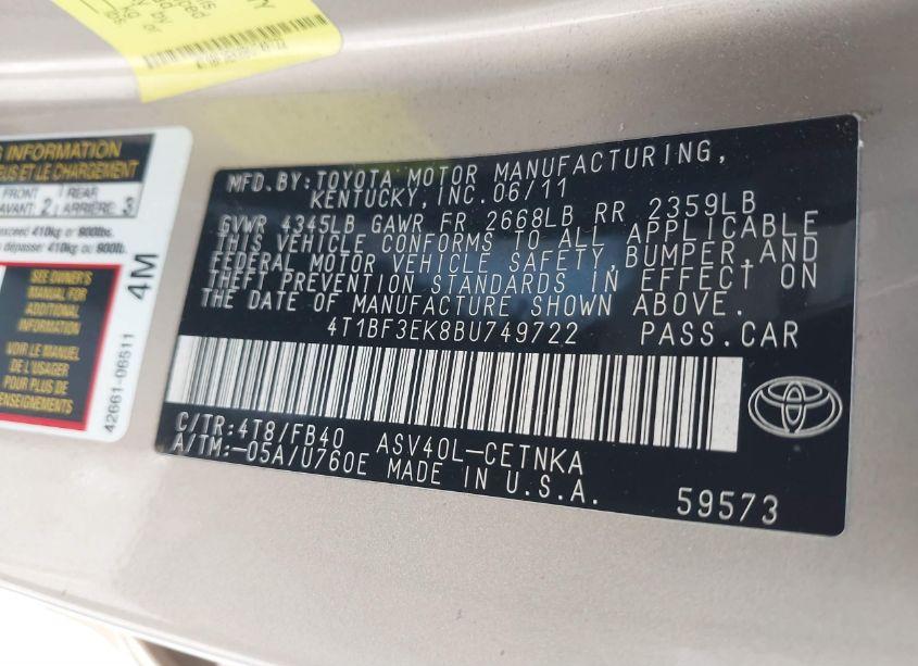 Photo 9 of 2011 Toyota Camry LE (VIN 4T1BF3EK8BU749722)