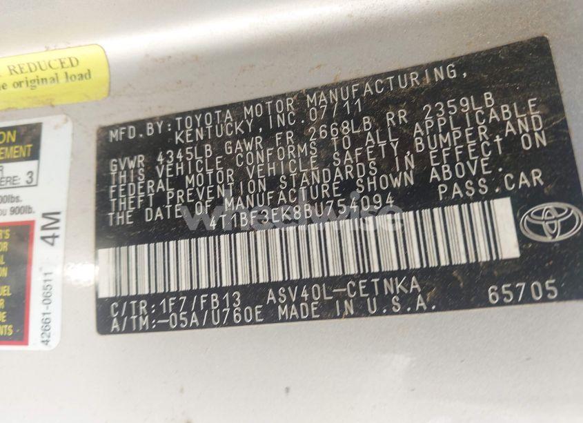 Photo 9 of 2011 Toyota Camry LE (VIN 4T1BF3EK8BU754094)