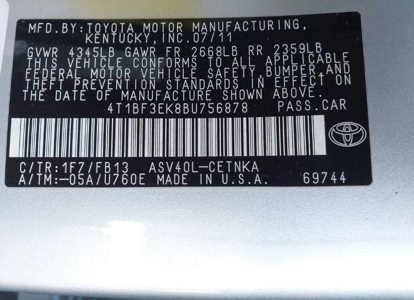 Photo 9 of 2011 Toyota Camry LE (VIN 4T1BF3EK8BU756878)