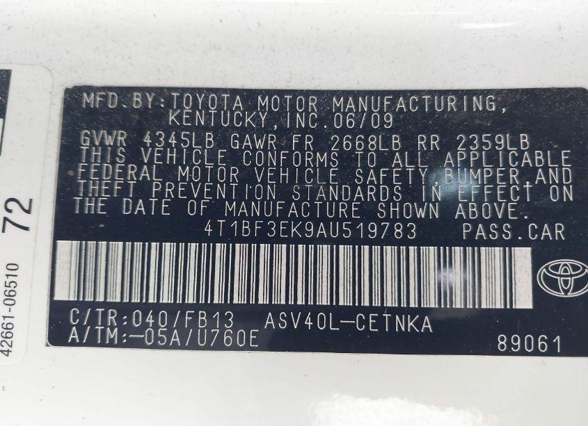 Photo 9 of 2010 Toyota Camry LE (VIN 4T1BF3EK9AU519783)