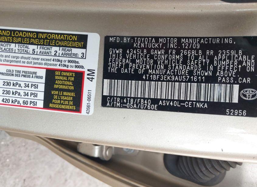 Photo 9 of 2010 Toyota Camry LE (VIN 4T1BF3EK9AU571611)