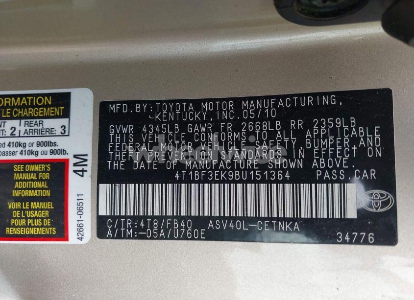 Photo 9 of 2011 Toyota Camry SE/LE/XLE (VIN 4T1BF3EK9BU151364)