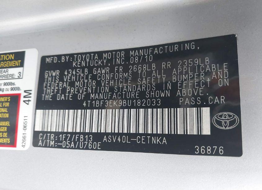 Photo 9 of 2011 Toyota Camry LE (VIN 4T1BF3EK9BU182033)