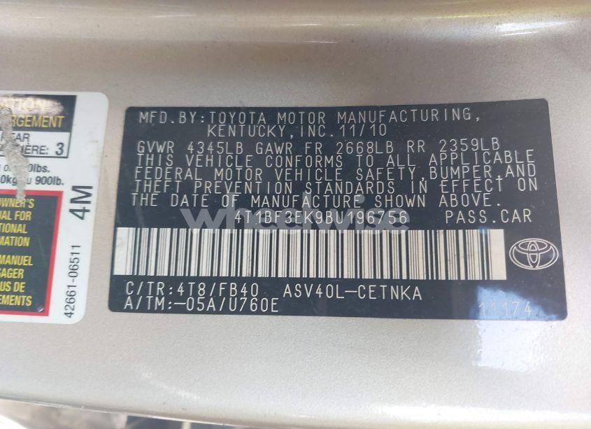 Photo 9 of 2011 Toyota Camry (VIN 4T1BF3EK9BU196756)