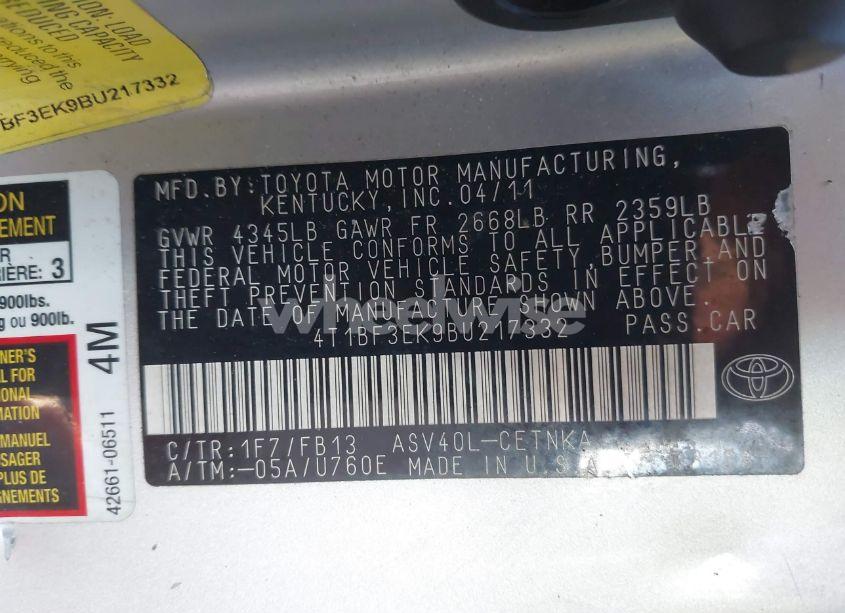 Photo 9 of 2011 Toyota Camry LE (VIN 4T1BF3EK9BU217332)