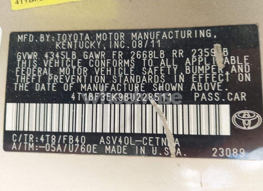 Photo 9 of 2011 Toyota Camry LE (VIN 4T1BF3EK9BU228511)