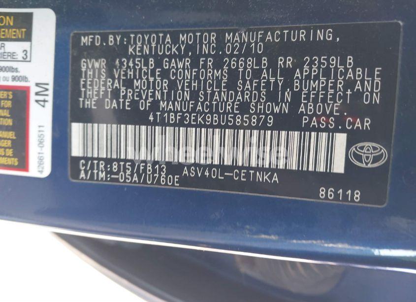 Photo 9 of 2011 Toyota Camry LE (VIN 4T1BF3EK9BU585879)