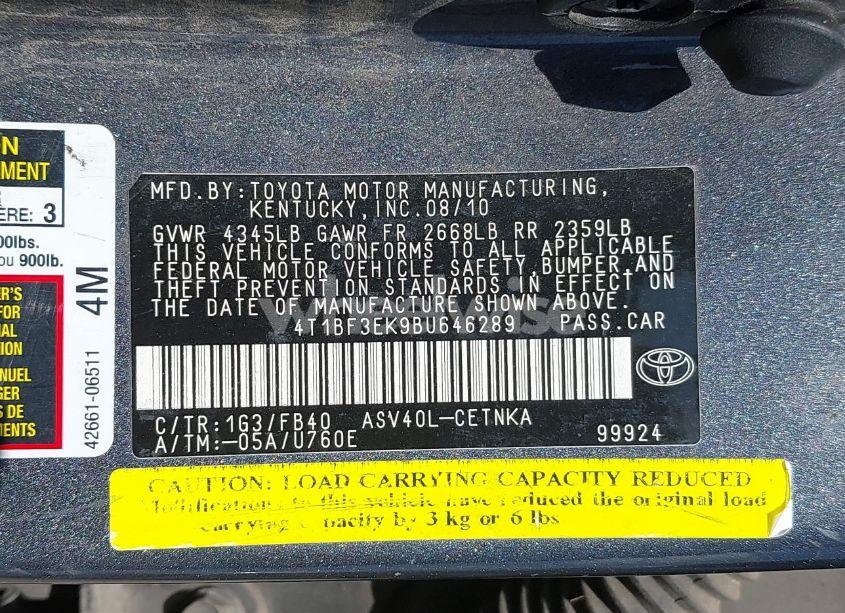 Photo 9 of 2011 Toyota Camry LE (VIN 4T1BF3EK9BU646289)