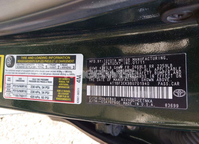 Photo 9 of 2011 Toyota Camry LE (VIN 4T1BF3EK9BU701940)