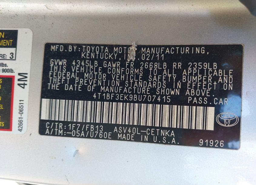 Photo 9 of 2011 Toyota Camry LE (VIN 4T1BF3EK9BU707415)