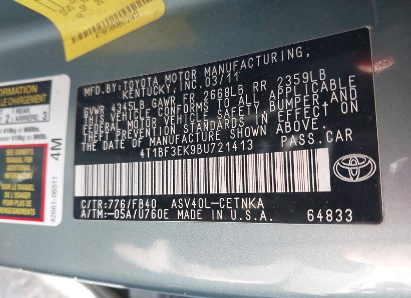 Photo 9 of 2011 Toyota Camry LE (VIN 4T1BF3EK9BU721413)