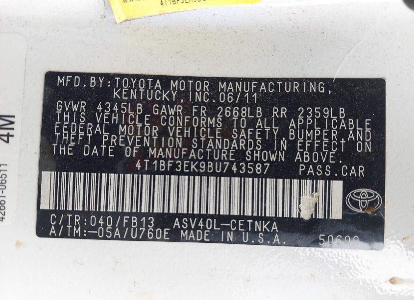 Photo 9 of 2011 Toyota Camry LE (VIN 4T1BF3EK9BU743587)