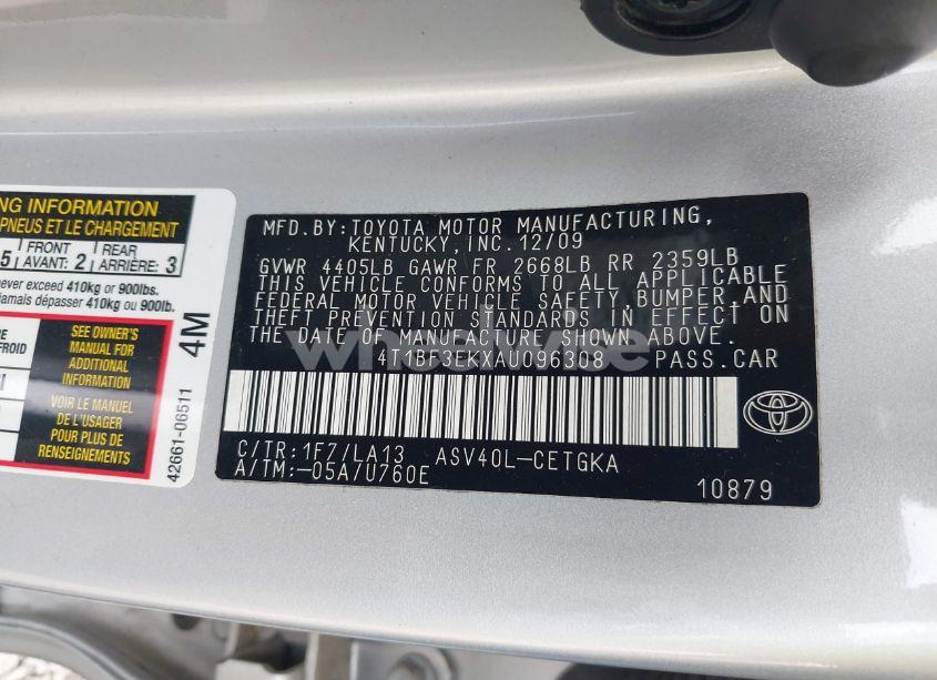 Photo 9 of 2010 Toyota Camry XLE (VIN 4T1BF3EKXAU096308)