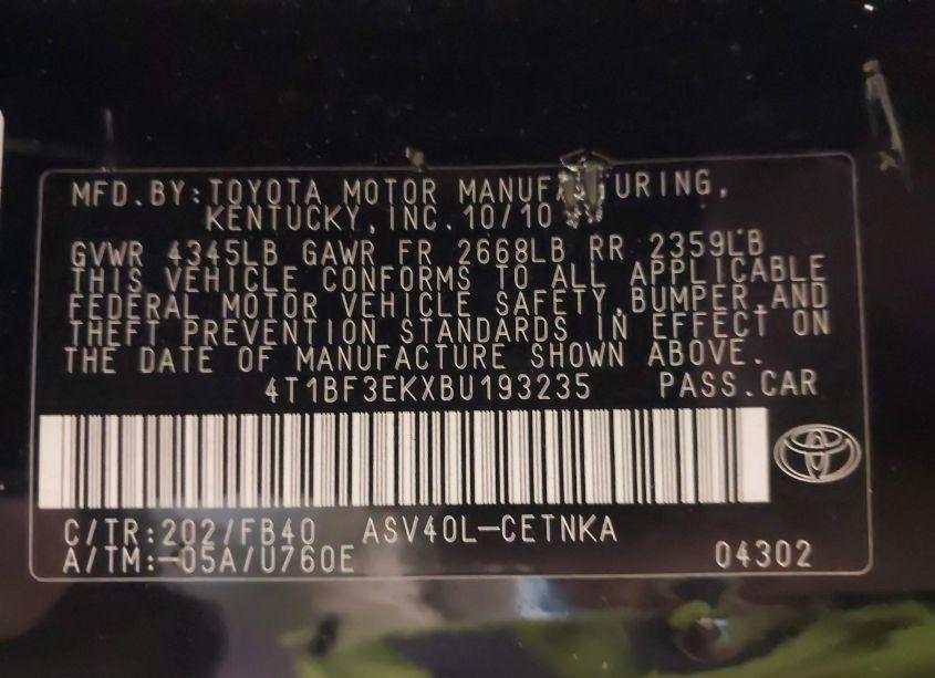 Photo 9 of 2011 Toyota Camry LE (VIN 4T1BF3EKXBU193235)