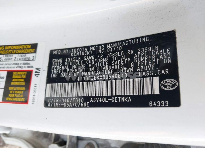 Photo 9 of 2011 Toyota Camry LE (VIN 4T1BF3EKXBU596843)