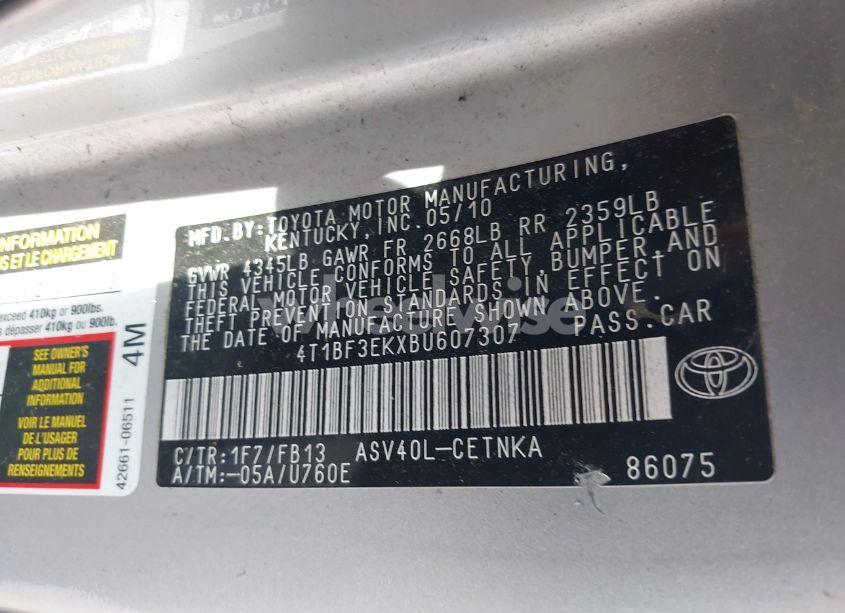 Photo 9 of 2011 Toyota Camry LE (VIN 4T1BF3EKXBU607307)