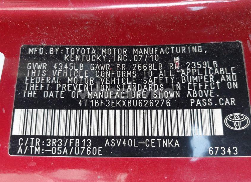 Photo 9 of 2011 Toyota Camry LE (VIN 4T1BF3EKXBU626276)