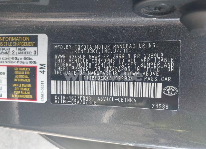 Photo 9 of 2011 Toyota Camry LE (VIN 4T1BF3EKXBU628934)