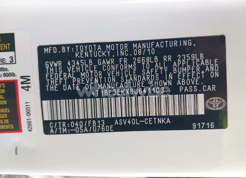 Photo 9 of 2011 Toyota Camry LE (VIN 4T1BF3EKXBU641103)