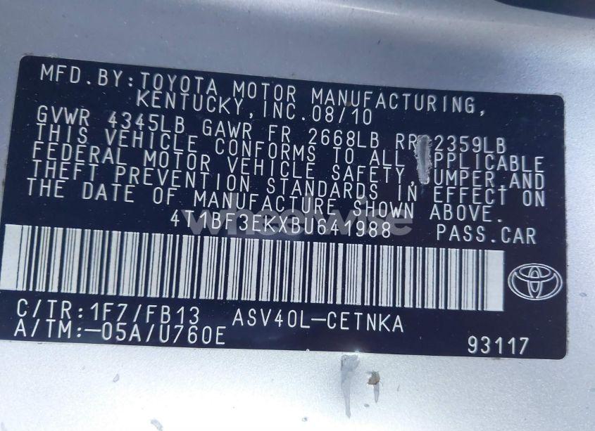Photo 9 of 2011 Toyota Camry LE (VIN 4T1BF3EKXBU641988)