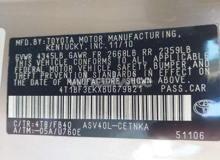 Photo 9 of 2011 Toyota Camry (VIN 4T1BF3EKXBU679821)