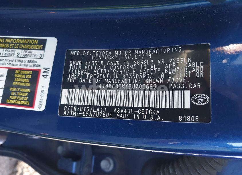 Photo 9 of 2011 Toyota Camry XLE (VIN 4T1BF3EKXBU700683)