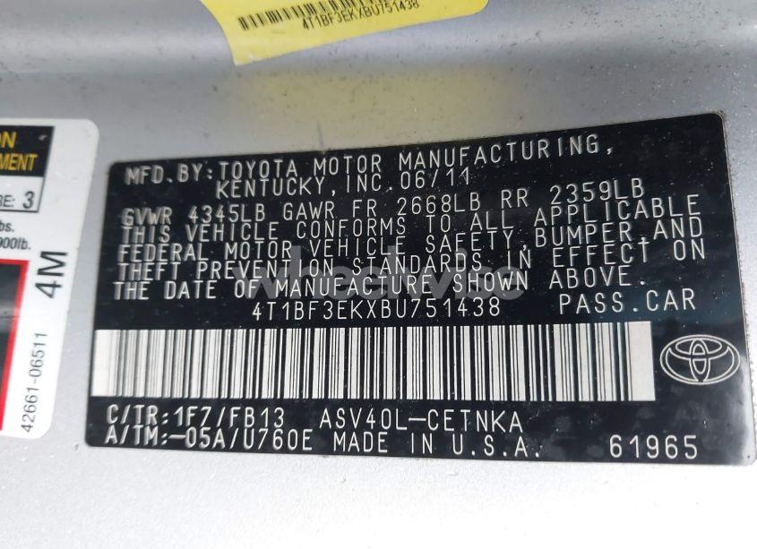 Photo 9 of 2011 Toyota Camry LE (VIN 4T1BF3EKXBU751438)