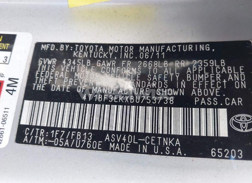 Photo 9 of 2011 Toyota Camry LE (VIN 4T1BF3EKXBU753738)