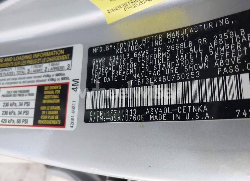 Photo 9 of 2011 Toyota Camry LE (VIN 4T1BF3EKXBU760253)