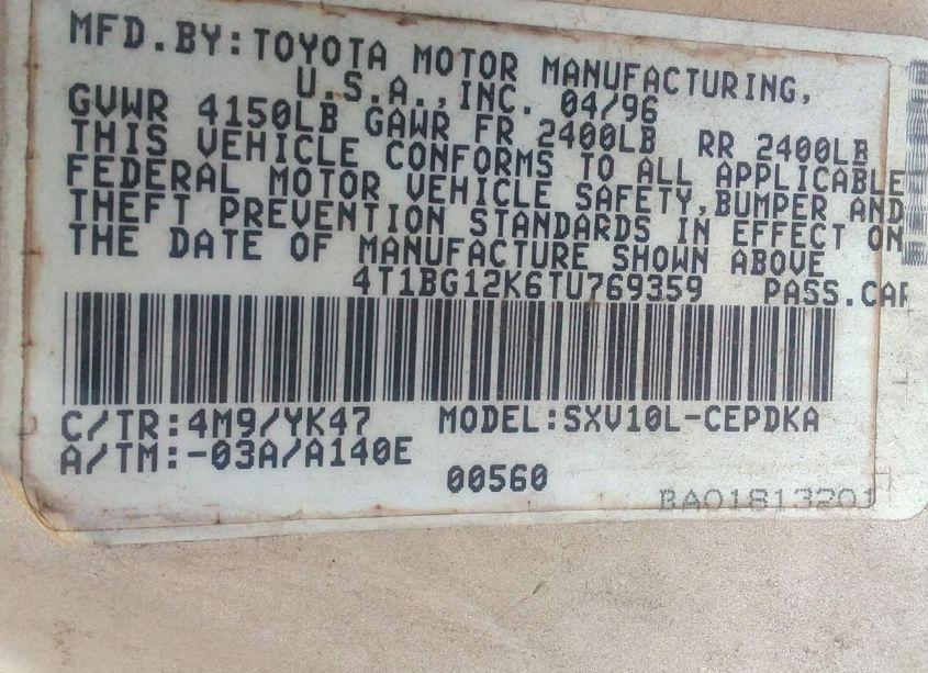 Photo 9 of 1996 Toyota Camry DX/LE/XLE (VIN 4T1BG12K6TU769359)