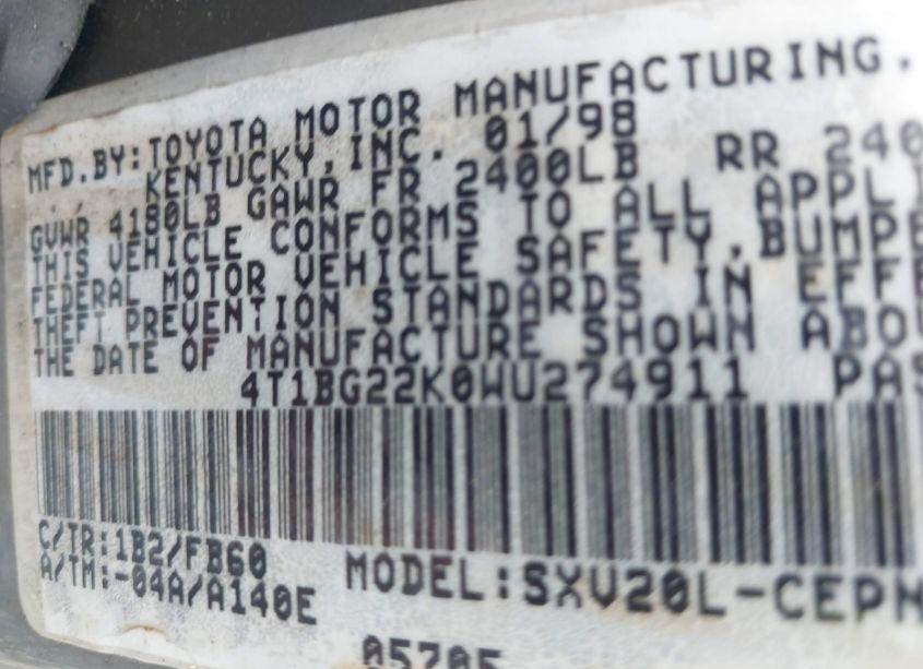 Photo 9 of 1998 Toyota Camry CE/LE/XLE (VIN 4T1BG22K0WU274911)