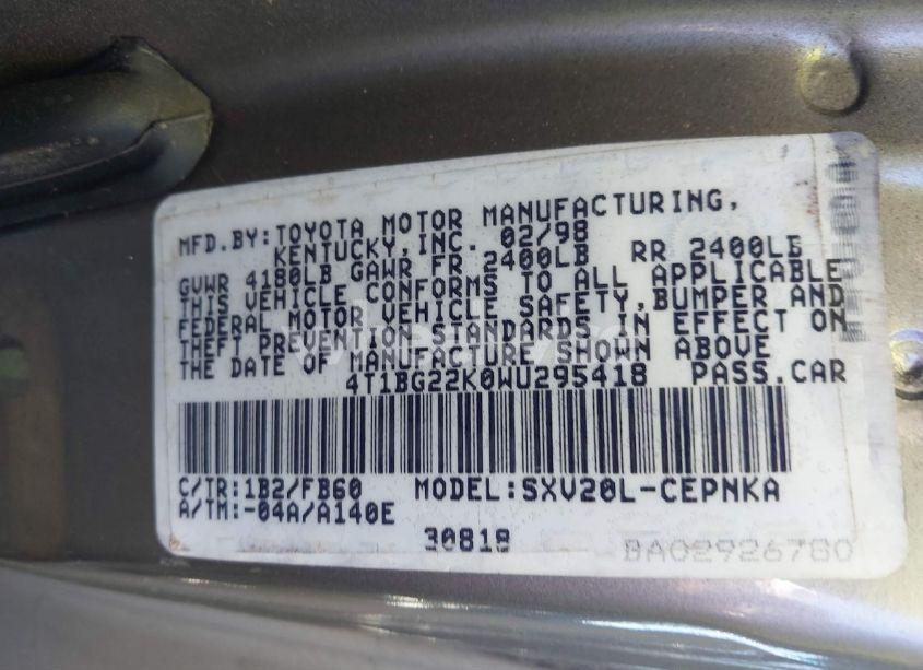 Photo 9 of 1998 Toyota Camry LE (VIN 4T1BG22K0WU295418)