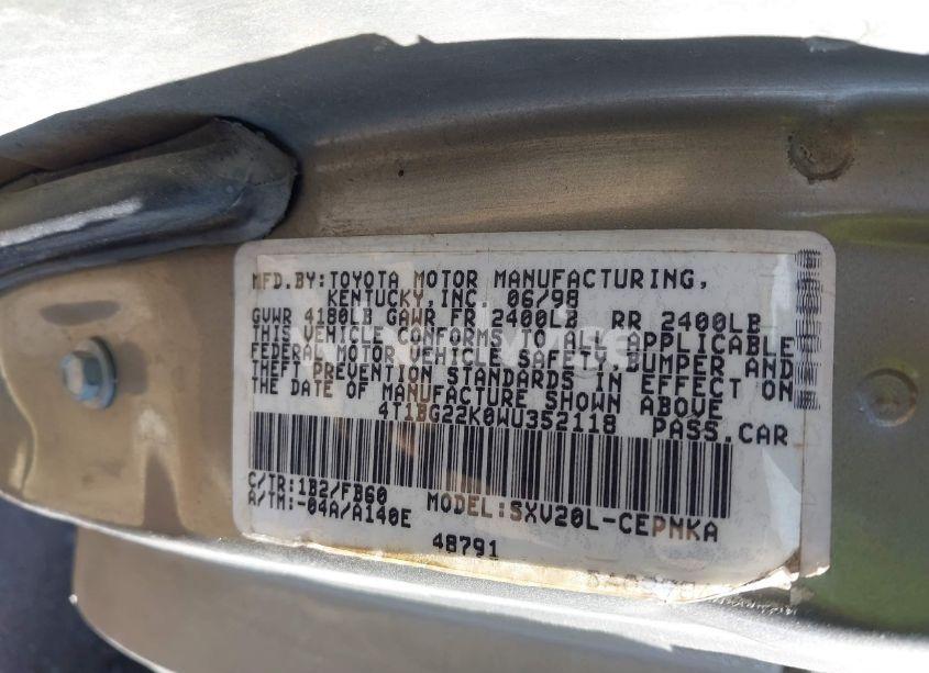 Photo 9 of 1998 Toyota Camry LE (VIN 4T1BG22K0WU352118)