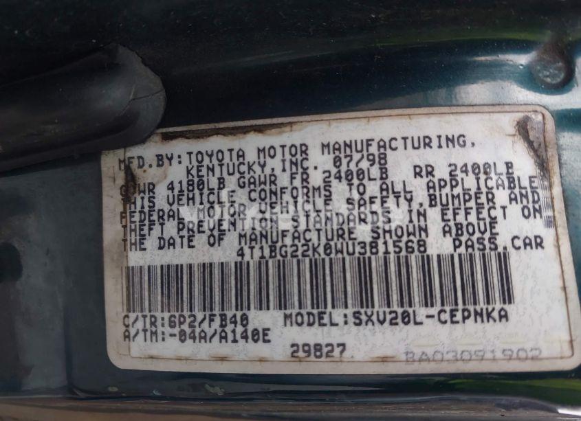 Photo 9 of 1998 Toyota Camry LE (VIN 4T1BG22K0WU381568)