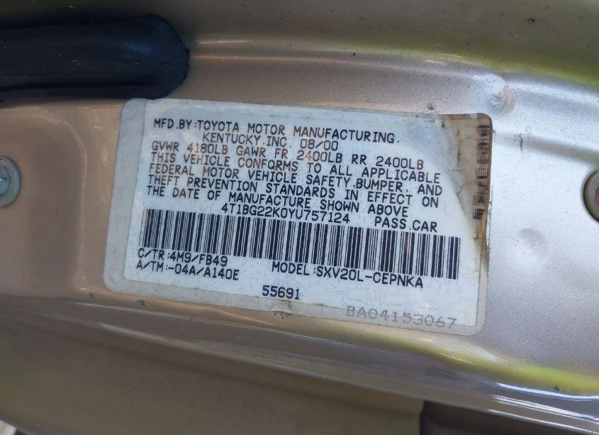 Photo 9 of 2000 Toyota Camry LE (VIN 4T1BG22K0YU757124)