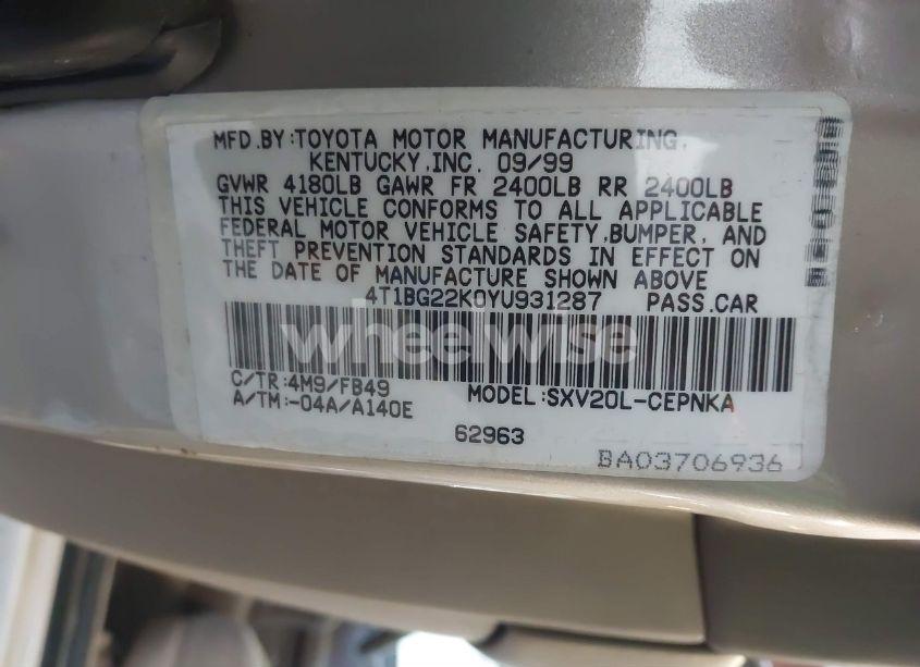 Photo 9 of 2000 Toyota Camry LE (VIN 4T1BG22K0YU931287)