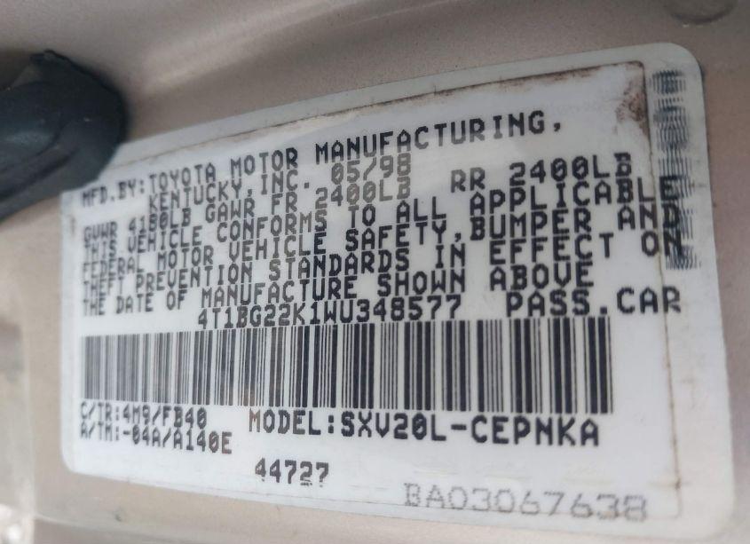 Photo 9 of 1998 Toyota Camry LE (VIN 4T1BG22K1WU348577)