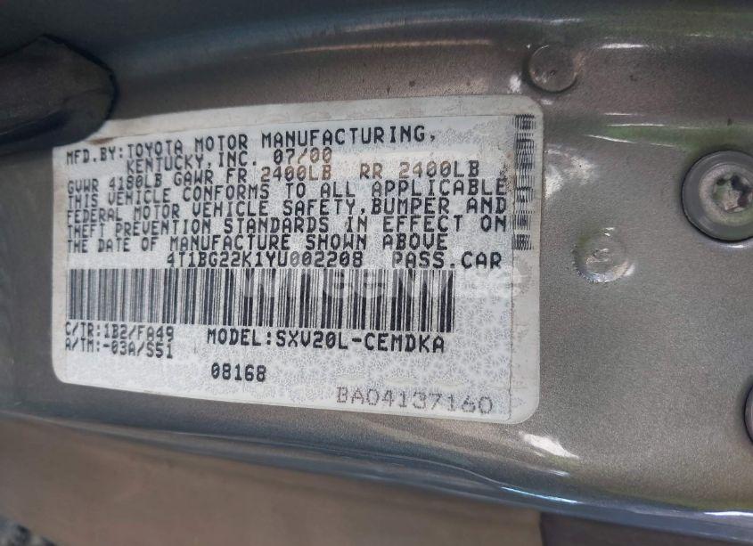 Photo 9 of 2000 Toyota Camry CE (VIN 4T1BG22K1YU002208)