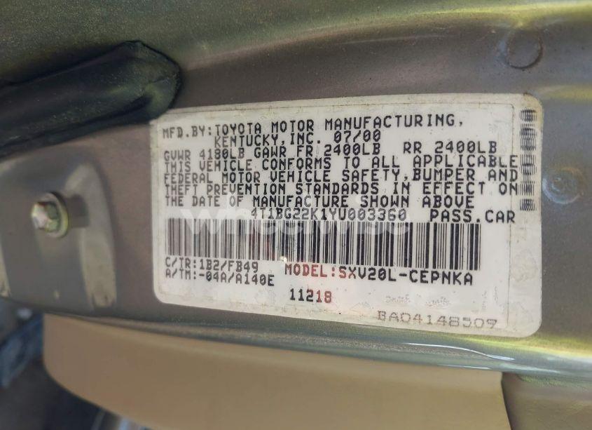 Photo 9 of 2000 Toyota Camry LE (VIN 4T1BG22K1YU003360)