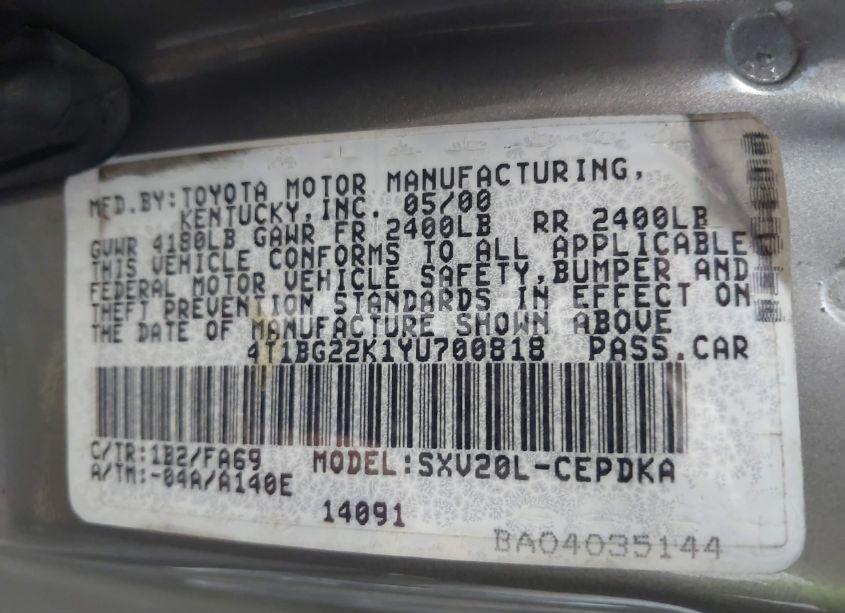 Photo 9 of 2000 Toyota Camry CE (VIN 4T1BG22K1YU700818)