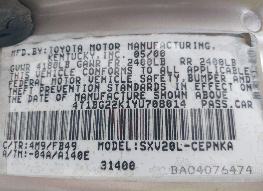 Photo 9 of 2000 Toyota Camry LE (VIN 4T1BG22K1YU708014)