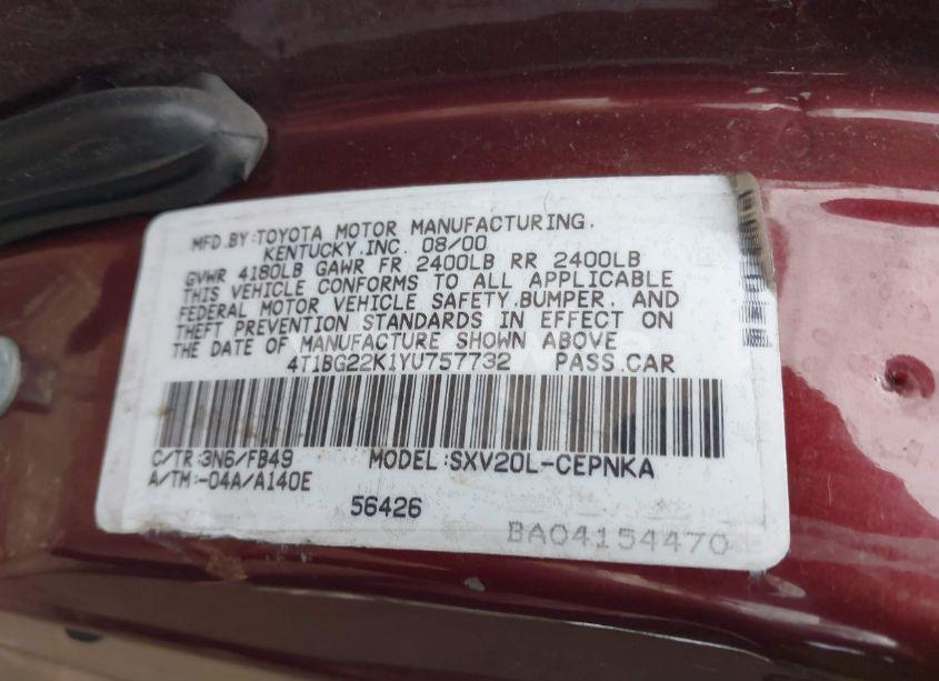 Photo 9 of 2000 Toyota Camry LE (VIN 4T1BG22K1YU757732)