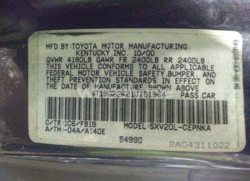 Photo 9 of 2001 Toyota Camry LE (VIN 4T1BG22K21U781964)