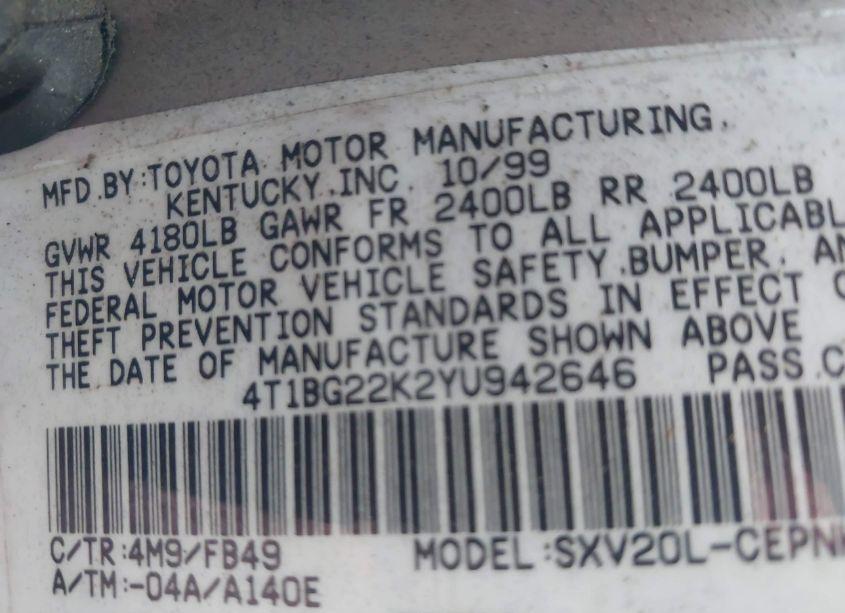 Photo 9 of 2000 Toyota Camry LE (VIN 4T1BG22K2YU942646)