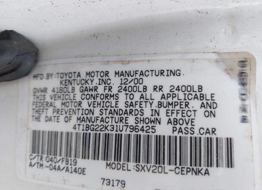 Photo 9 of 2001 Toyota Camry LE (VIN 4T1BG22K31U796425)